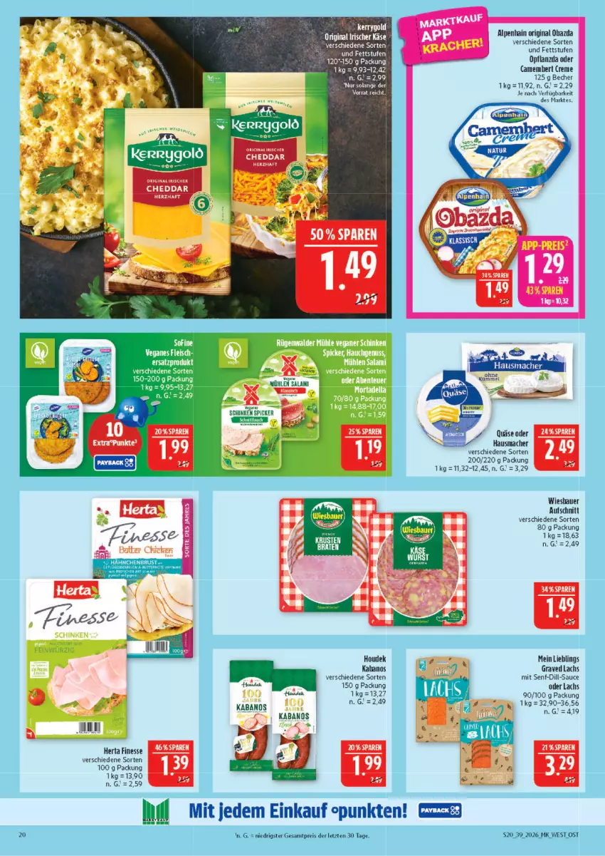 Aktueller Prospekt Marktkauf - Prospekt - von 20.09 bis 26.09.2026 - strona 20 - produkty: Alpenhain, auer, aufschnitt, Becher, cheddar, creme, eis, finesse, gin, Hausmacher, herta, herta finesse, houdek, kabanos, kerrygold, lachs, mac, obazda, quäse, reis, salami, sauce, schinken, schinken spicker, senf, ZTE