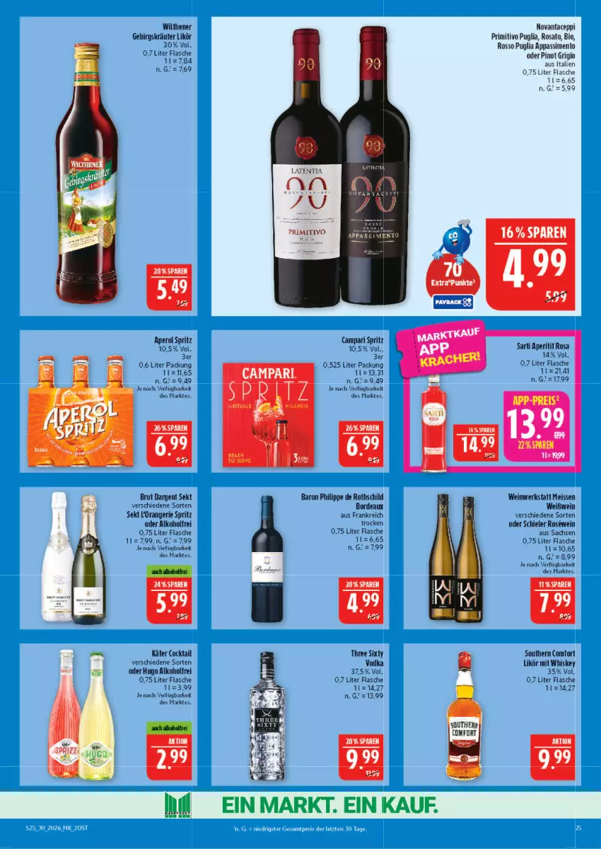 Aktueller Prospekt Marktkauf - Prospekt - von 20.09 bis 26.09.2026 - strona 25 - produkty: alkohol, aperitif, aperol, bio, brut, brut dargent, cocktail, eis, flasche, hugo, käfer, kräuter, likör, orange, Pinot, pinot grigio, primitivo, rosato, sac, sekt, sim, Southern Comfort, Ti, vodka, wein, Weißwein, whiskey, wilthener