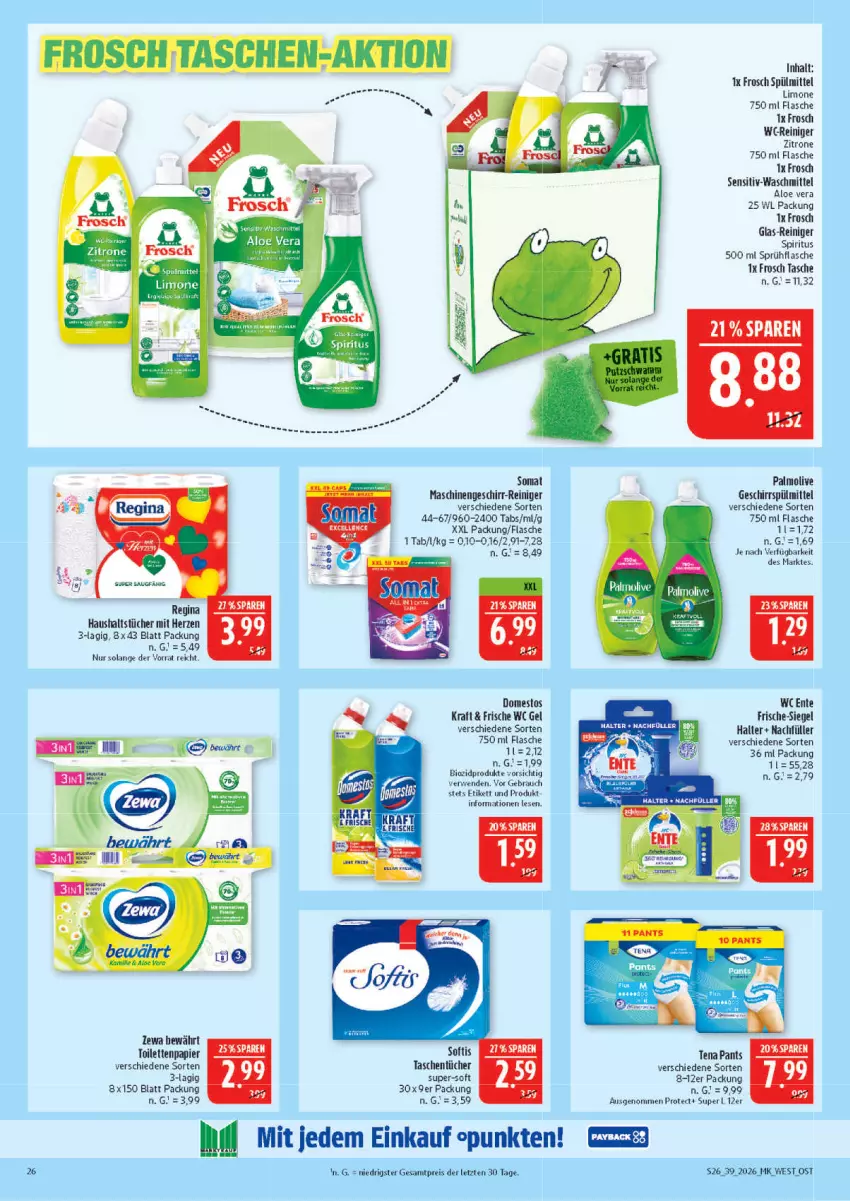 Aktueller Prospekt Marktkauf - Prospekt - von 20.09 bis 26.09.2026 - strona 26 - produkty: aloe vera, bio, biozidprodukte, domestos, eis, elle, ente, flasche, Frosch, geschirr, geschirrspülmittel, gin, haushaltstücher, kraft, LG, limo, olive, palmolive, Pants, papier, Rauch, reiniger, reis, rwe, somat, spiritus, sprühflasche, spülmittel, Tasche, taschen, taschentücher, Ti, toilettenpapier, tücher, waschmittel, wc ente, zitrone, ZTE