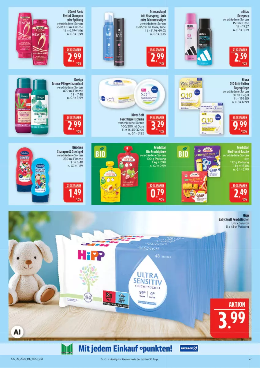 Aktueller Prospekt Marktkauf - Prospekt - von 20.09 bis 26.09.2026 - strona 27 - produkty: Adidas, Bad, bio, creme, deo, deospray, duschgel, eis, elvital, feuchtigkeitscreme, feuchttücher, flasche, haarspray, kneipp, lack, nivea, oder schaumfestiger, parfum, püree, reis, schaumbad, schaumfestiger, schwarzkop, schwarzkopf, shampoo, shampoo oder spülung, spülung, Taft, Tagespflege, Ti, tücher, vita, ZTE