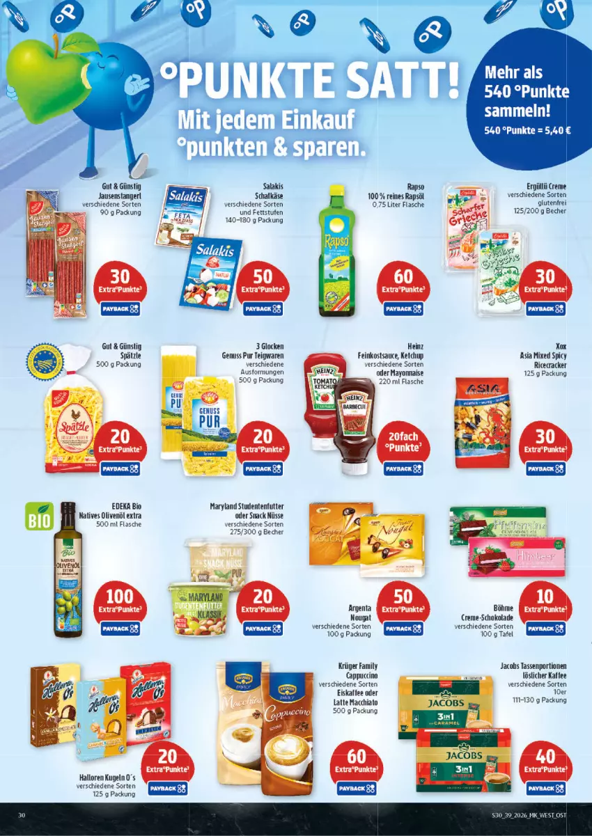 Aktueller Prospekt Marktkauf - Prospekt - von 20.09 bis 26.09.2026 - strona 30 - produkty: ACC, barbecue, Becher, bio, Cap, cappuccino, caramel, chia, cin, cracker, creme, deka, edeka bio, eis, eiskaffee, ente, feinkost, flasche, heinz, jacobs, kaffee, Käse, ketchup, krüger, Kugel, latte, latte macchiato, löslicher kaffee, mac, macchiato, mayonnaise, natives olivenöl, nougat creme, nuss, olive, oliven, olivenöl, olivenöl extra, payback, rapso, rapsöl, reines rapsöl, salakis, sauce, schafkäse, schoko, schokolade, snack, studentenfutter, tasse, teigwaren, Ti, wein, Yo