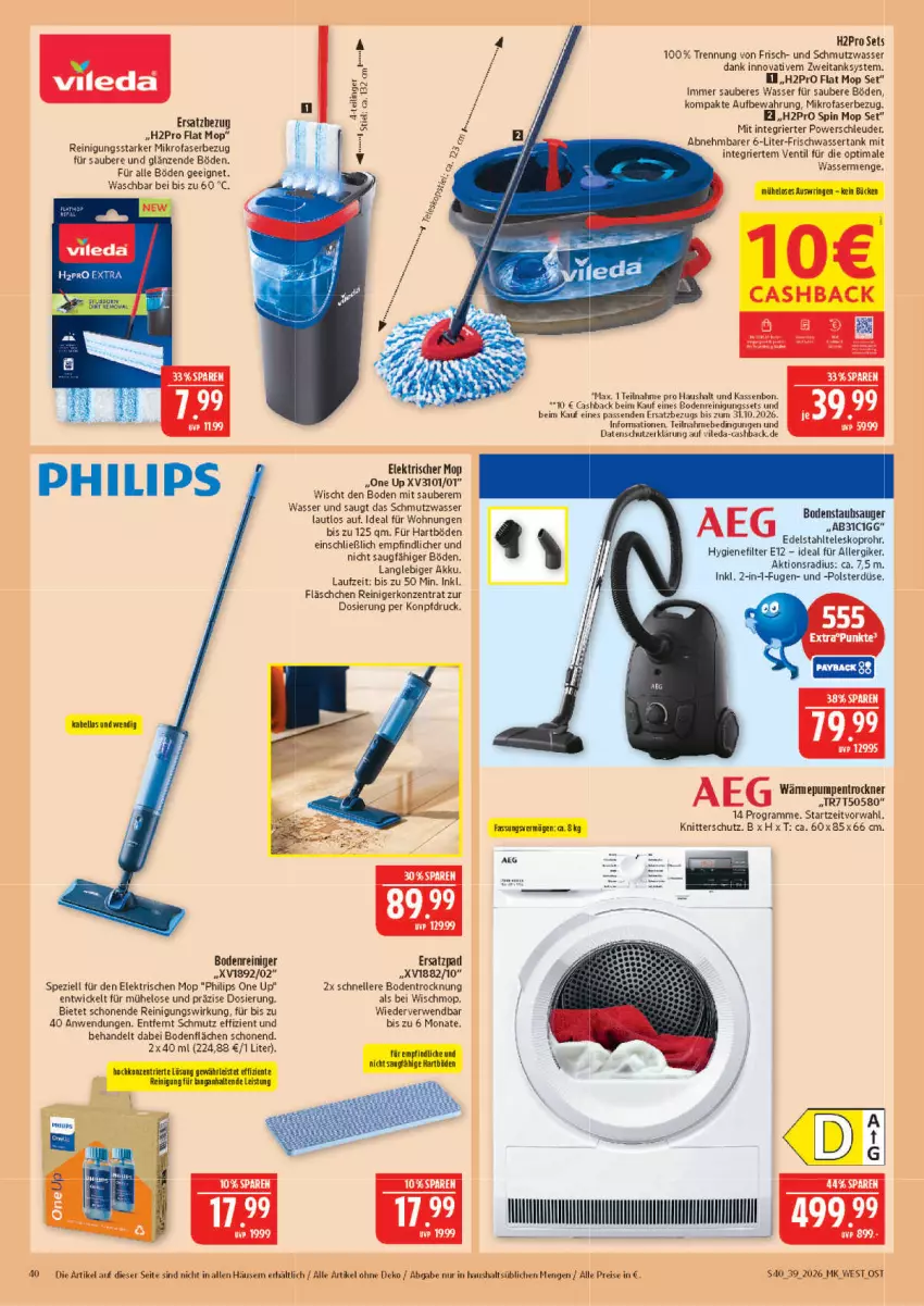 Aktueller Prospekt Marktkauf - Prospekt - von 20.09 bis 26.09.2026 - strona 40 - produkty: aeg, akku, bodenstaubsauger, edelstahl, eis, elle, ente, gsw, hygienefilter, mikrofaser, Philips, reiniger, Reinigung, reis, ring, rwe, Spezi, staubsauger, Teleskop, Ti, Trockner, wärmepumpentrockner, wasser, wassertank, WICK