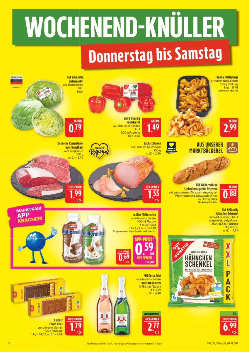 Aktueller Prospekt Marktkauf - Prospekt - von 20.09 bis 26.09.2026 - strona 42 - produkty: alkohol, eis, eisbergsalat, flasche, henkel, jungbullen, keks, lachs, lachsschinken, leibniz, mac, milch, mm extra, Müller, müllermilch, olive, oliven, Pfifferlinge, reis, rum, rumpsteak, salat, schenkel, schinken, sekt, steak, steaks, Ti, ZTE