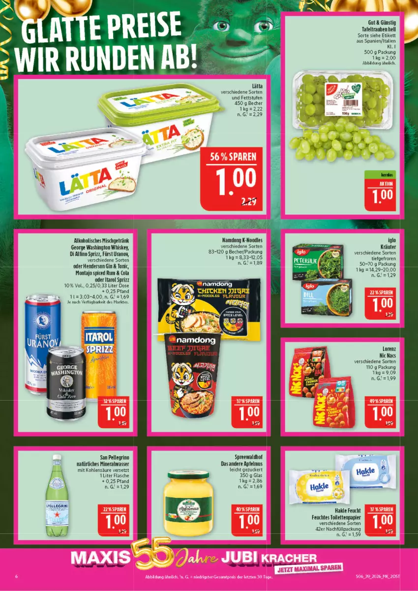 Aktueller Prospekt Marktkauf - Prospekt - von 20.09 bis 26.09.2026 - strona 6 - produkty: alkohol, Alwa, apfel, apfelmus, Becher, cola, elle, enders, ente, feuchtes toilettenpapier, flasche, gin, hakle, iglo, kräuter, lätta, lorenz, mineralwasser, natürliches mineralwasser, papier, rum, san pellegrino, spreewaldhof, Sprizz, tafeltrauben, Ti, toilettenpapier, tonic, trauben, wasser, whiskey, zucker