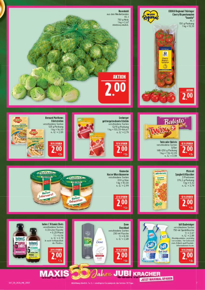 Aktueller Prospekt Marktkauf - Prospekt - von 20.09 bis 26.09.2026 - strona 7 - produkty: Bad, balisto, Berger, biff, bio, biozidprodukte, deka, dove, duschbad, filet, filets, flasche, früchte, miracoli, Rauch, reifen, reiniger, ring, rispentomaten, rosen, Rosenkohl, rwe, seeberger, spaghetti, sprühflasche, Ti, tomate, tomaten, twix, vita, wurst
