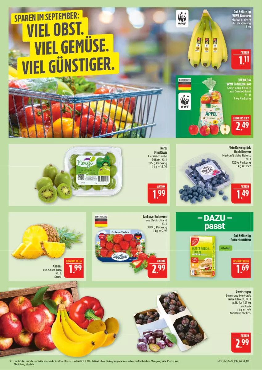 Aktueller Prospekt Marktkauf - Prospekt - von 20.09 bis 26.09.2026 - strona 8 - produkty: ananas, beere, beeren, bio, brot, butter, deka, edeka bio, eis, erdbeere, erdbeeren, heidelbeere, heidelbeeren, kiwi, korb, obst, reis, tafeläpfel, Ti, Tüte