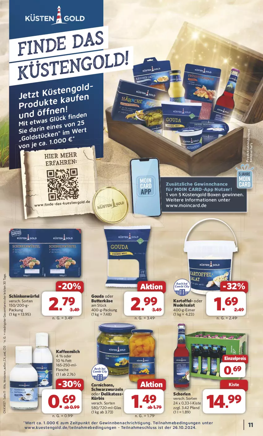 Aktueller Prospekt Combi - Prospekte - von 09.09 bis 14.09.2024 - strona 11 - produkty: butter, butterkäse, eimer, eis, flasche, gouda, kaffee, Kaffeemilch, kartoffel, Käse, Kürbis, küstengold, milch, nudel, nudelsalat, reis, salat, schinken, schorle, Ti, würfel, ZTE