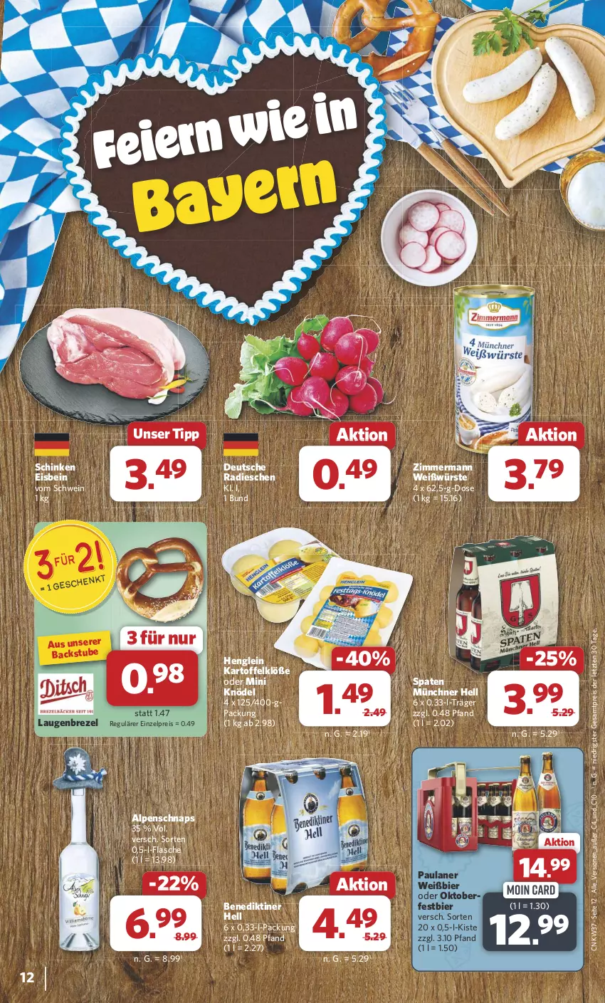 Aktueller Prospekt Combi - Prospekte - von 09.09 bis 14.09.2024 - strona 12 - produkty: Benediktiner, bier, brezel, eier, eis, flasche, henglein, kartoffel, Kartoffelklöße, Knödel, Laugenbrezel, Paula, paulaner, radieschen, reis, schinken, schwein, Spaten, stube, Ti, wein, ZTE