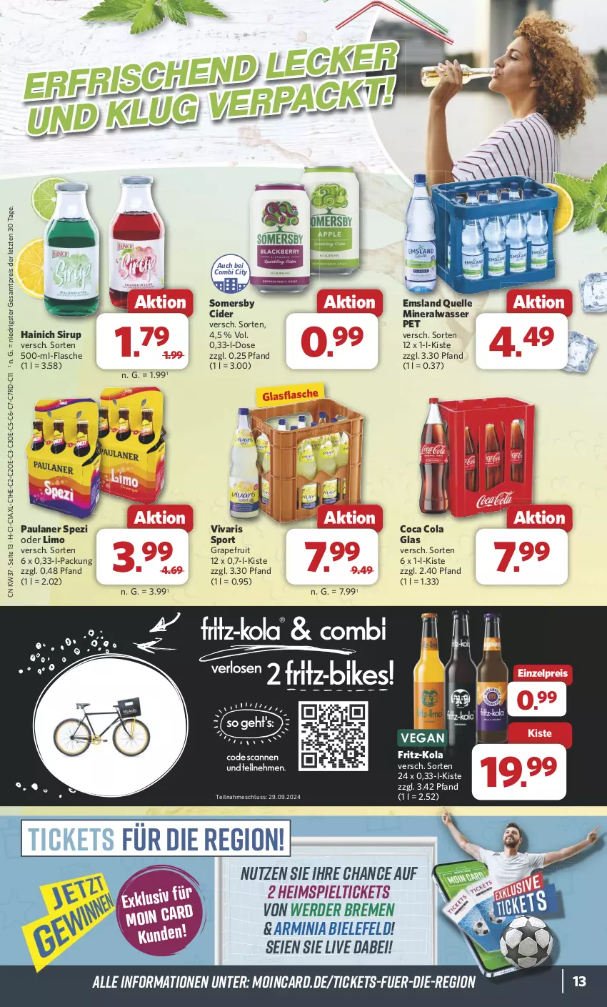 Aktueller Prospekt Combi - Prospekte - von 09.09 bis 14.09.2024 - strona 13 - produkty: Alwa, cider, cola, eis, elle, erde, flasche, fritz, fritz-kola, glasflasche, grapefruit, limo, mineralwasser, Paula, paulaner, reis, sirup, somersby, Spezi, Sport, Ti, Vivaris, wasser, ZTE