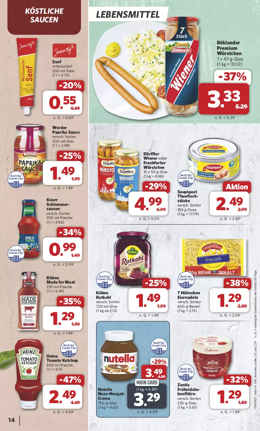 Aktueller Prospekt Combi - Prospekte - von 09.09 bis 14.09.2024 - strona 14 - produkty: beutel, böklunder, creme, eier, eiernudeln, eis, erde, fisch, flasche, frankfurter, heinz, ketchup, knorr, konfitüre, Kühne, lebensmittel, Nougatcreme, nudel, nudeln, nuss, nutella, paprika, reis, rotkohl, sauce, saucen, saupiquet, schlemmersauce, schlemmersaucen, senf, thunfisch, Ti, tomato ketchup, wiener, würstchen, zentis, ZTE