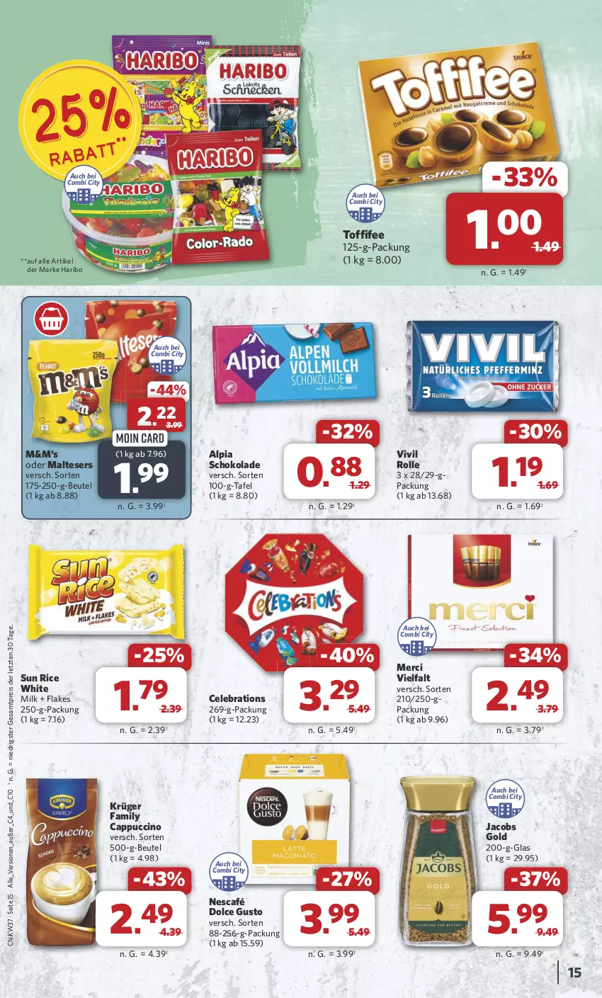 Aktueller Prospekt Combi - Prospekte - von 09.09 bis 14.09.2024 - strona 15 - produkty: alpia, beutel, Cap, cappuccino, cin, dolce gusto, eis, flakes, haribo, jacobs, Jacobs Gold, krüger, malteser, merci, Nescafé, reis, schoko, schokolade, Ti, toffifee, ZTE