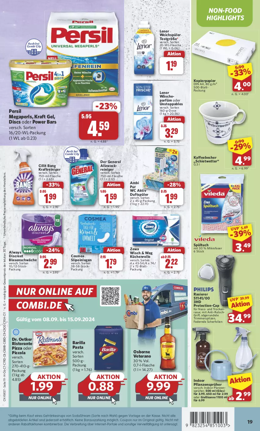 Aktueller Prospekt Combi - Prospekte - von 09.09 bis 14.09.2024 - strona 19 - produkty: Alwa, Always, barilla, Becher, Cap, Cillit, cillit bang, cola, cosmea, din a4, Discreet, Dr. Oetker, eis, elle, flasche, Gießkanne, kaffee, kaffeebecher, kopierpapier, kraft, küche, Küchen, küchenrolle, lenor, lenor weichspüler, megaperls, mikrofaser, osborne, papier, pasta, persil, pflanze, pflanzen, pizza, rasierer, reiniger, reis, ristorante, ristorante pizza, slip, slipeinlagen, teller, Ti, tuc, veterano, weck, weichspüler, zewa, ZTE