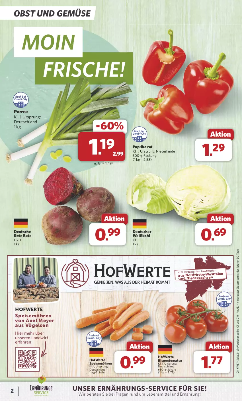 Aktueller Prospekt Combi - Prospekte - von 09.09 bis 14.09.2024 - strona 2 - produkty: axe, eis, lebensmittel, möhren, obst, Obst und Gemüse, paprika, paprika rot, reis, rispentomaten, rote bete, sac, Schal, Schale, speisemöhren, Ti, tomate, tomaten, und gemüse, Weißkohl, ZTE