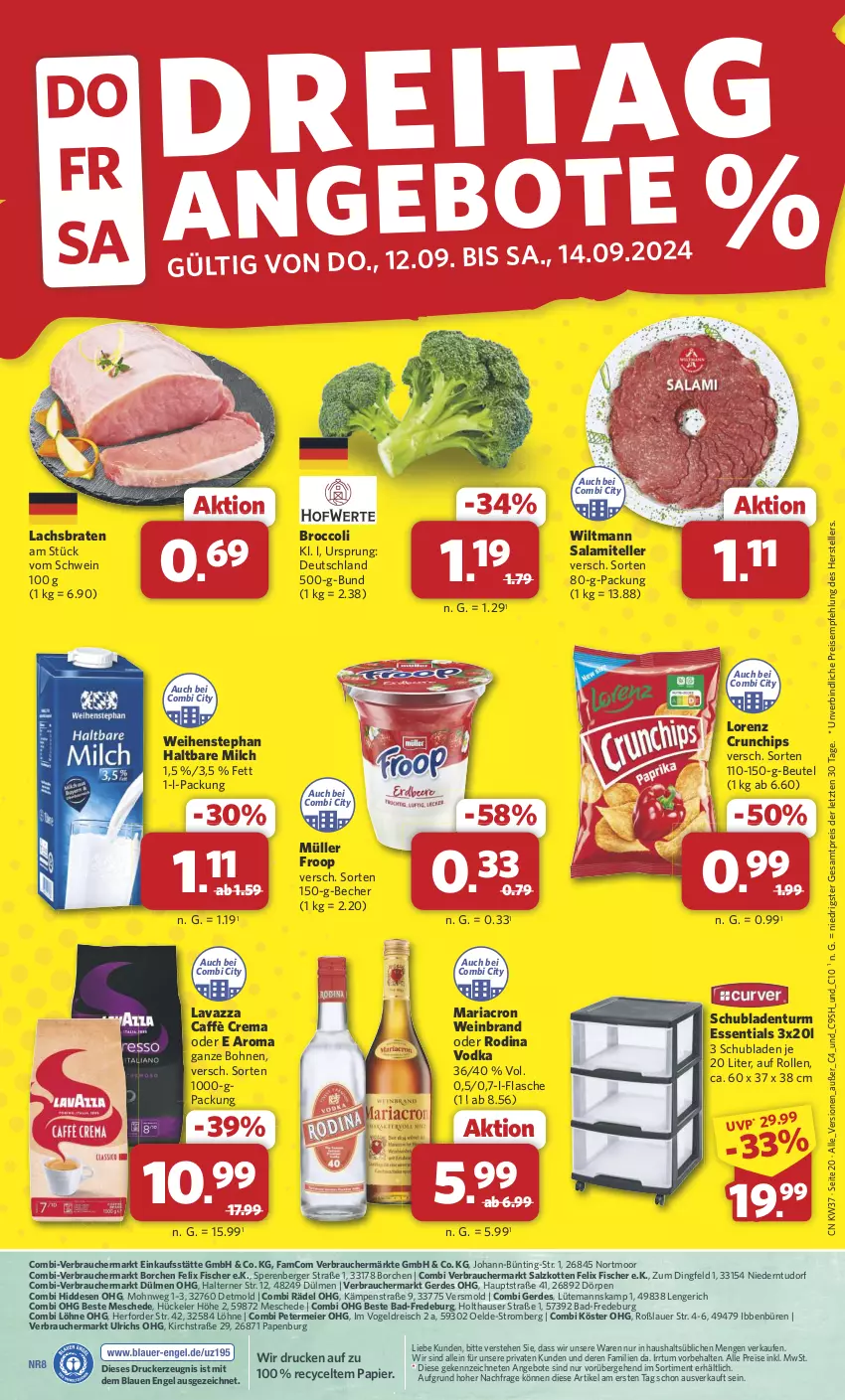 Aktueller Prospekt Combi - Prospekte - von 09.09 bis 14.09.2024 - strona 20 - produkty: aeg, angebot, angebote, auer, Bad, Becher, Berger, beutel, bohne, bohnen, braten, broccoli, caffè crema, chips, crunchips, drucker, eier, eis, elle, Engel, erde, felix, fisch, fische, Fischer, flasche, froop, haltbare milch, kerze, lachs, Lachsbraten, lavazza, lorenz, lorenz crunchips, mariacron, milch, Müller, müller froop, papier, Rauch, reis, Ria, salami, salz, schubladen, Schubladenturm, schwein, teller, Ti, vodka, weihenstephan, wein, weinbrand, wiltmann, ZTE