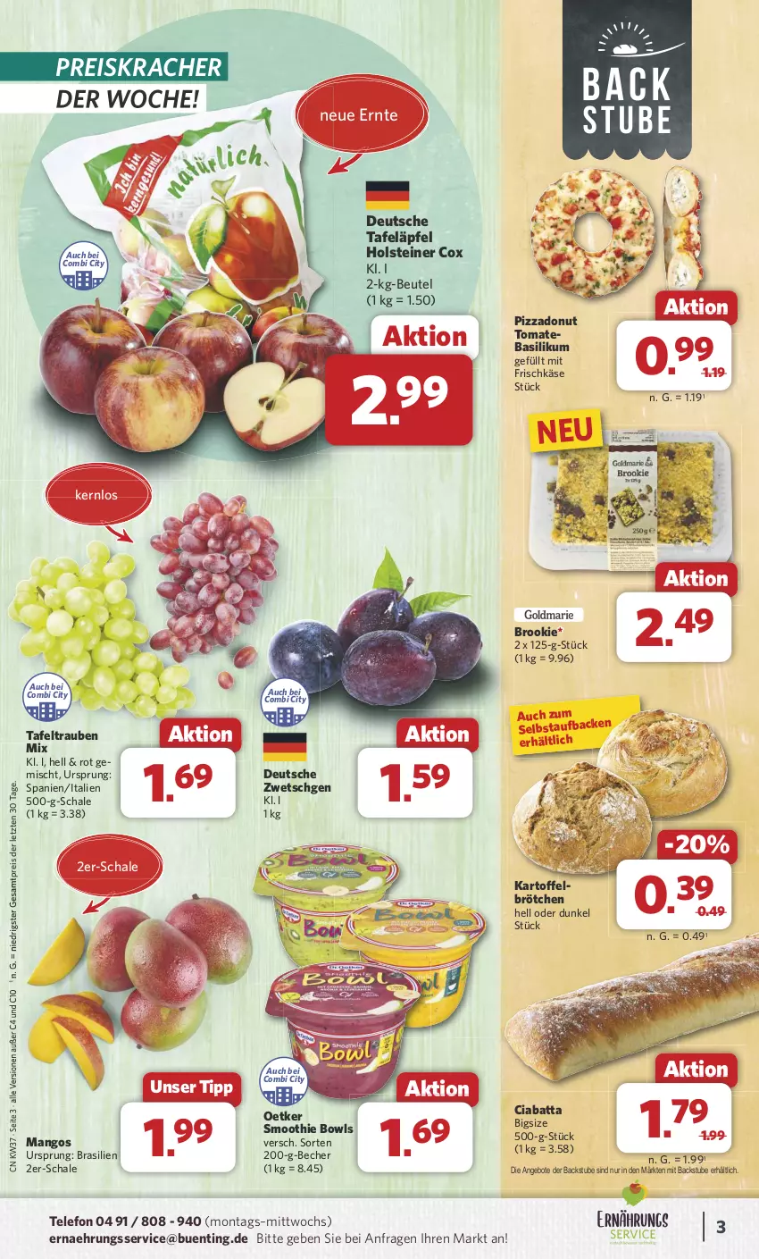 Aktueller Prospekt Combi - Prospekte - von 09.09 bis 14.09.2024 - strona 3 - produkty: angebot, angebote, basilikum, Becher, beutel, brötchen, ciabatta, Donut, eis, frischkäse, holsteiner, kartoffel, Käse, kracher, mango, mangos, pizza, reis, Schal, Schale, smoothie, steiner, stube, tafeläpfel, tafeltrauben, telefon, Ti, tomate, trauben, ZTE