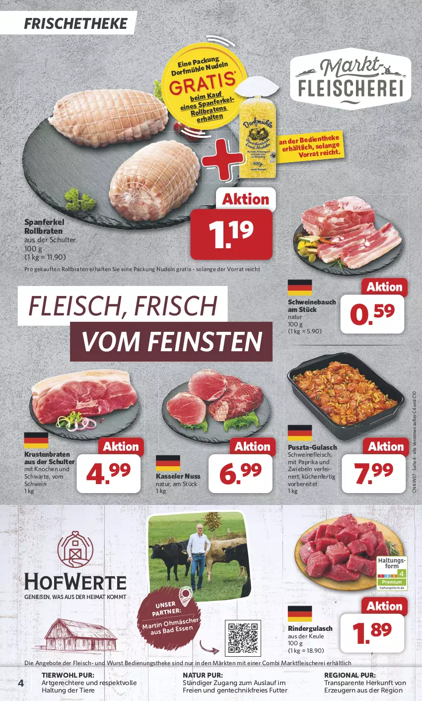 Aktueller Prospekt Combi - Prospekte - von 09.09 bis 14.09.2024 - strona 4 - produkty: angebot, angebote, Bau, braten, eis, Elan, ente, fleisch, Fleischerei, gulasch, kasseler, krustenbraten, küche, Küchen, mit paprika, natur, nudel, nudeln, nuss, paprika, rind, rinder, rindergulasch, rollbraten, Schere, schwein, schweine, Schweinebauch, schweinefleisch, Ti, Tiere, wein, weine, wurst, zwiebel, zwiebeln