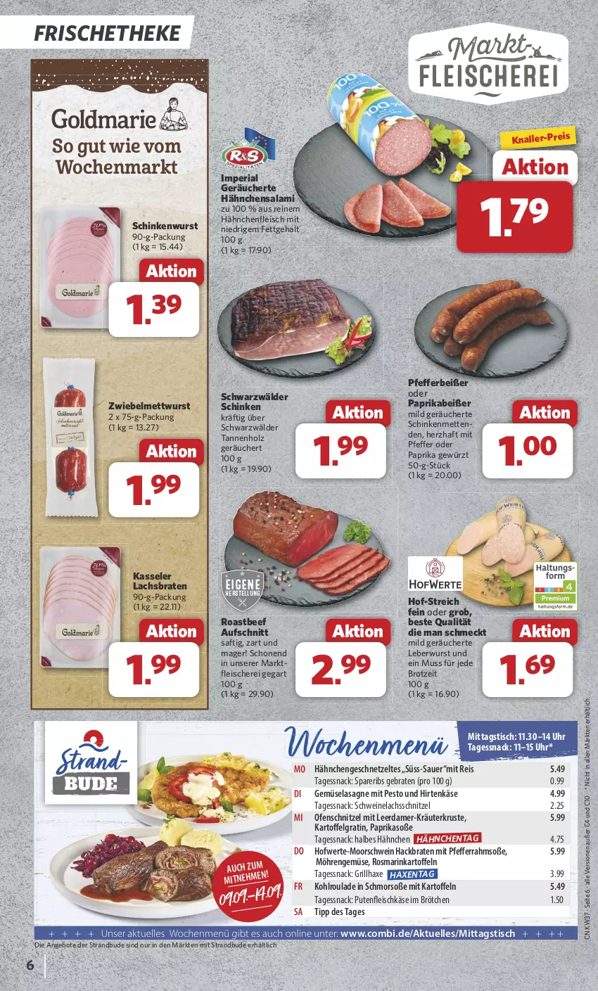 Aktueller Prospekt Combi - Prospekte - von 09.09 bis 14.09.2024 - strona 6 - produkty: angebot, angebote, auer, aufschnitt, axe, beef, braten, brot, brötchen, eis, elle, fleisch, Fleischerei, fleischkäse, geschnetzeltes, gewürz, grill, grillhaxe, Hähnchenfleisch, Hähnchengeschnetzeltes, Haxe, hirtenkäse, Holz, kartoffel, kartoffeln, Käse, kasseler, kräuter, lachs, Lachsbraten, lasagne, leberwurst, LG, Mett, metten, Mettenden, mettwurst, möhren, Ofen, paprika, pesto, pfeffer, Pfefferbeißer, pute, Putenfleisch, reis, Ria, roastbeef, rosmarin, saft, salami, Schere, schinken, schinkenwurst, schnitzel, schwarzwälder schinken, schwein, schweine, Schweinelachs, snack, Soße, spareribs, Ti, tisch, uhr, wein, weine, wurst, Zelt, zwiebel, zwiebelmettwurst