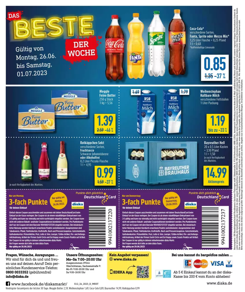 Aktueller Prospekt Diska - Prospekte - von 26.06 bis 01.07.2023 - strona 12 - produkty: alkohol, angebot, angebote, beere, buch, butter, coca-cola, cola, coupon, deka, ecco, eis, ente, erde, fanta, flasche, frucht, fruchtsecco, guthabenkarte, gutschein, haltbare milch, johannisbeere, kraft, LG, limo, limonade, mars, meggle, Mezzo Mix, milch, reis, rotkäppchen, sekt, sprite, Tchibo, tee, telefon, Ti, uhr, uhu, weihenstephan, ZTE