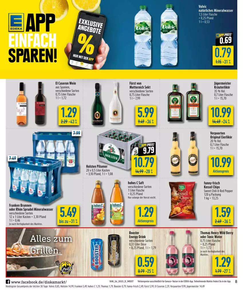 Aktueller Prospekt Diska - Prospekte - von 26.06 bis 01.07.2023 - strona 8 - produkty: aktionspreis, Alwa, brunnen, chili, chips, deka, drink, eier, eierlikör, eis, energy drink, flasche, franken brunnen, funny-frisch, Germ, gin, holsten, holsten pilsener, jägermeister, kräuter, kräuterlikör, likör, Meister, Mett, metternich, mineralwasser, nuss, pils, pilsener, reis, Ria, saft, sekt, Sprudel, thomas henry, Ti, tonic, tonic water, verpoorten, volvic, wasser, wein, Wild, wild berry, ZTE