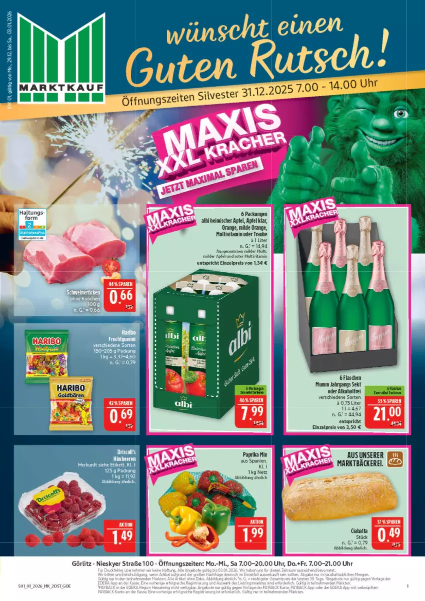 Aktueller Prospekt Marktkauf - Prospekt - von 28.12.2025 bis 03.01.2026 - strona 1 - produkty: alkohol, apfel, beere, beeren, ciabatta, eis, flasche, haribo, himbeer, himbeere, himbeeren, mumm, orange, paprika, paprika mix, reis, sekt, Ti, uhr, vita