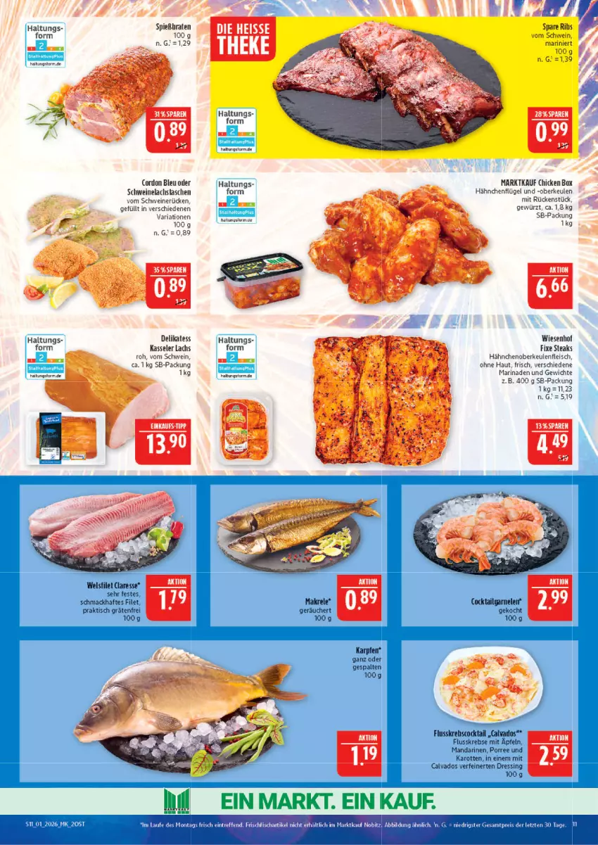 Aktueller Prospekt Marktkauf - Prospekt - von 28.12.2025 bis 03.01.2026 - strona 11 - produkty: braten, cocktail, cordon bleu, dressing, eis, filet, fleisch, garnelen, gewürz, hähnchenflügel, karotten, kasseler, Krebs, lachs, LG, mac, Makrele, mandarine, mandarinen, marinade, rel, Ria, schwein, schweine, Schweinelachs, schweinerücken, steak, steaks, Tasche, taschen, Ti, tisch, wein, weine, Wels, wiesenhof