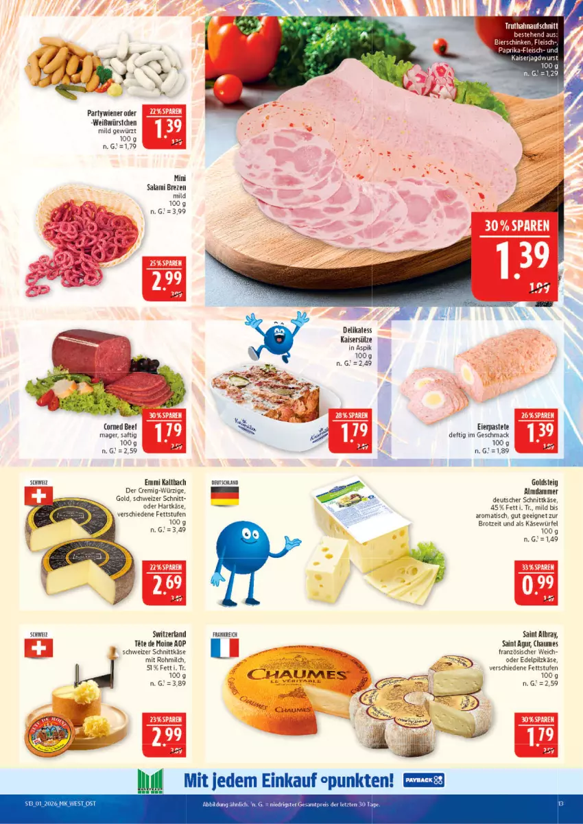 Aktueller Prospekt Marktkauf - Prospekt - von 28.12.2025 bis 03.01.2026 - strona 13 - produkty: albray, beef, brot, chaumes, corned beef, deutscher schnittkäse, eier, eis, emmi, gewürz, goldsteig, hartkäse, jagdwurst, Kaiser, Kaisersülze, Käse, mac, milch, pastete, reis, saft, Saint Agur, saint albray, schnittkäse, schweizer schnittkäse, Ti, tisch, wiener, würfel, wurst, würstchen, ZTE