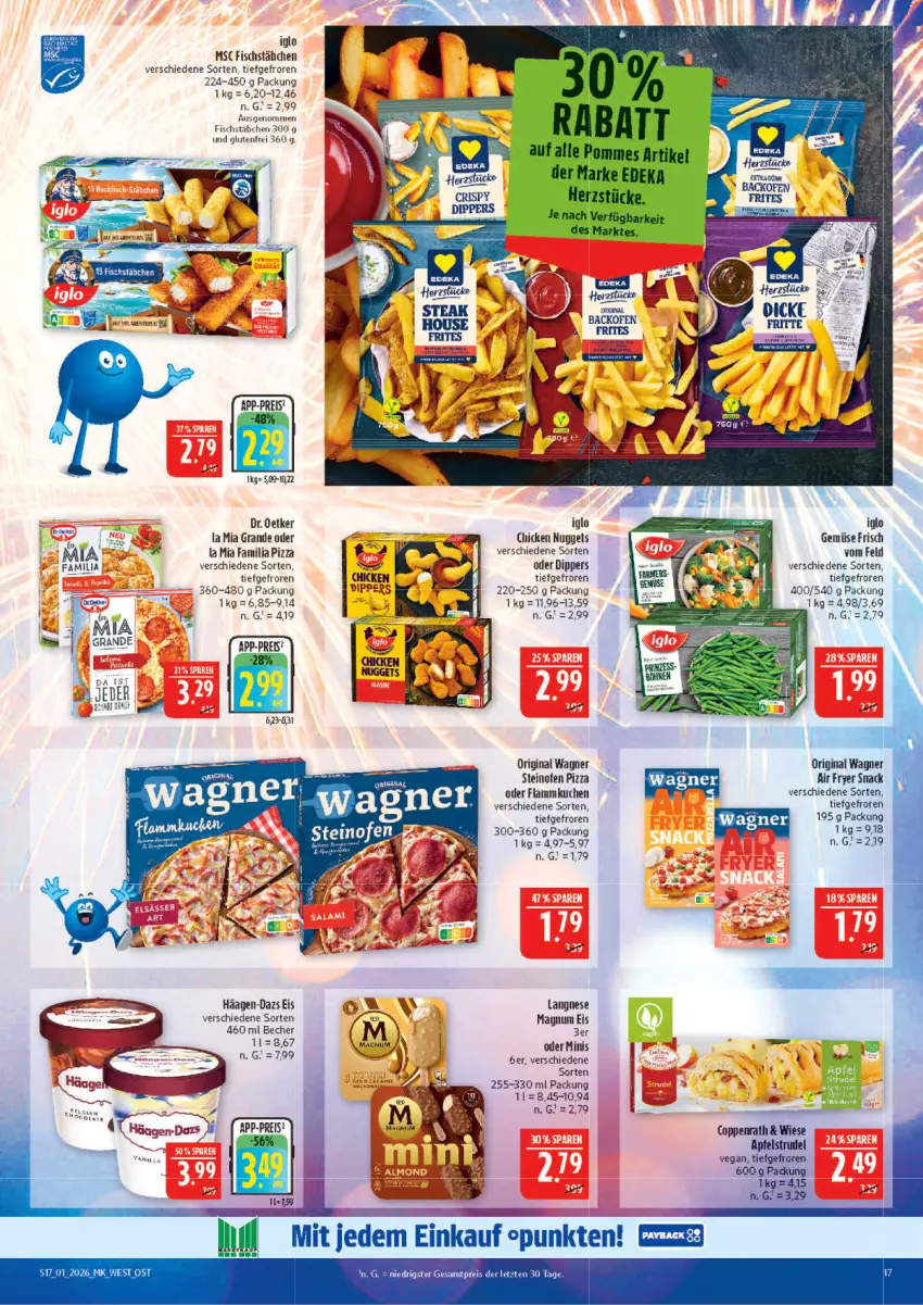 Aktueller Prospekt Marktkauf - Prospekt - von 28.12.2025 bis 03.01.2026 - strona 17 - produkty: apfel, Apfelstrudel, Becher, coppenrath, dip, Dr. Oetker, eis, fisch, fischstäbchen, flammkuchen, gin, häagen-dazs, iglo, kuchen, lamm, langnese, magnum, Ofen, original wagner, pizza, reis, snack, steinofen, steinofen pizza, Strudel, Ti, wagner