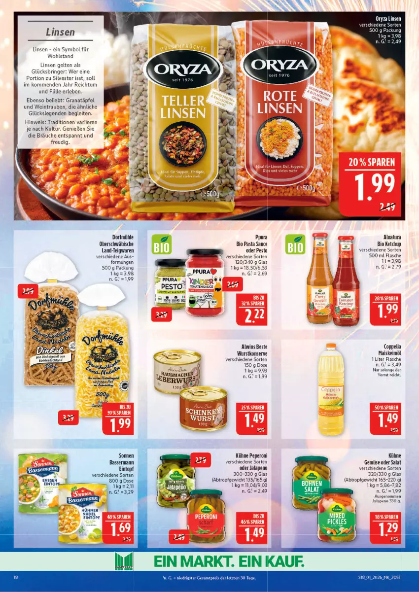 Aktueller Prospekt Marktkauf - Prospekt - von 28.12.2025 bis 03.01.2026 - strona 18 - produkty: bio, eier, eintopf, eis, erbsen, flasche, grana, Granatäpfel, Hausmacher, hühner, keimöl, ketchup, Kühne, linsen, mac, mais, natur, natura, nudel, oryza, pasta, Pasta Sauce, peperoni, Peroni, pesto, Rana, reis, ring, salat, sauce, teigwaren, Ti, topf, trauben, wein, wurst, ZTE