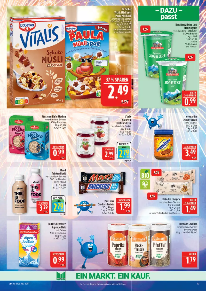 Aktueller Prospekt Marktkauf - Prospekt - von 28.12.2025 bis 03.01.2026 - strona 19 - produkty: Bad, Becher, bio, eis, flasche, fleisch, gewürz, hafer, joghur, joghurt, konfitüre, konfitüre extra, mars, natur, naturjoghurt, ohne palmöl, ovomaltine, paprika, reis, riegel, salz, snickers, Ti, ZTE