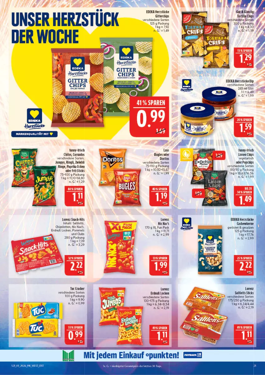 Aktueller Prospekt Marktkauf - Prospekt - von 28.12.2025 bis 03.01.2026 - strona 21 - produkty: bugles, Cashew, cashewkerne, chips, cracker, deka, dip, Doritos, Frit-Sticks, lays, linsen, lorenz, nic nac's, paprika, ring, saltletts, salz, snack, Ti, tortilla, Tortilla Chips, tuc, Vegeta