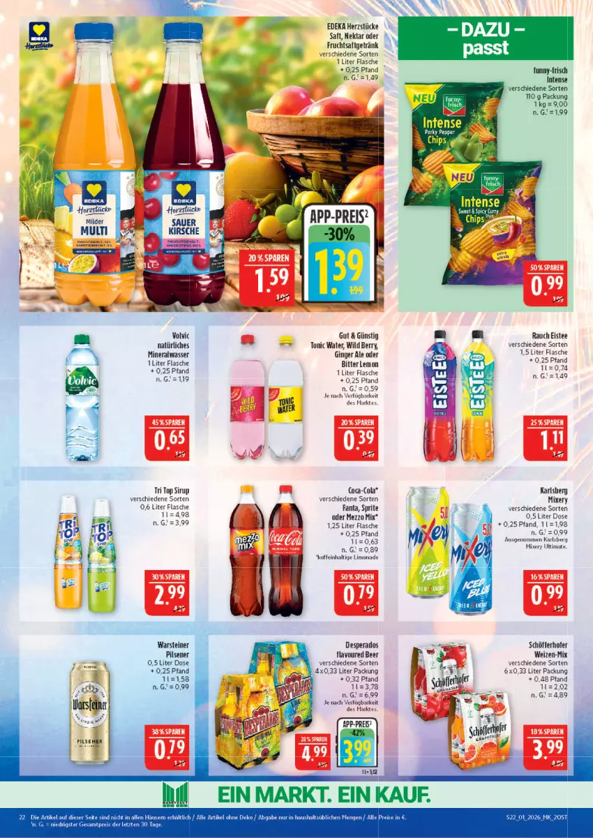 Aktueller Prospekt Marktkauf - Prospekt - von 28.12.2025 bis 03.01.2026 - strona 22 - produkty: Alwa, cola, deka, desperados, eis, eistee, ente, fanta, flasche, frucht, fruchtsaft, fruchtsaftgetränk, funny-frisch, getränk, gin, ginger, ginger ale, karlsberg, karlsberg mixery, limo, limonade, Mezzo Mix, mineralwasser, Mixer, mixery, natürliches mineralwasser, Nektar, pils, pilsener, Rauch, reis, saft, schöfferhofer, sirup, sprite, steiner, tee, Ti, tonic, tonic water, volvic, volvic natürliches, warsteiner, wasser, Wild, wild berry