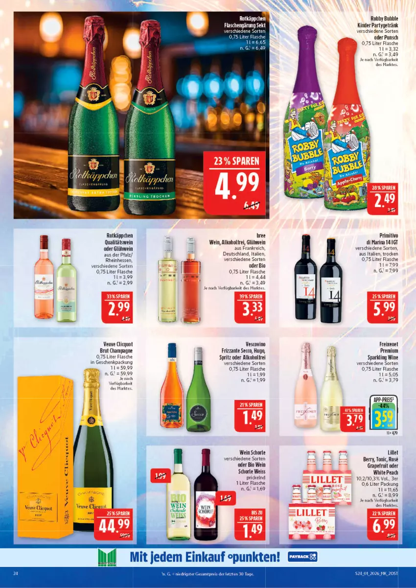 Aktueller Prospekt Marktkauf - Prospekt - von 28.12.2025 bis 03.01.2026 - strona 24 - produkty: alkohol, bio, brut, champagne, ecco, eis, flasche, freixenet, frizzante, geschenkpackung, getränk, Glühwein, grapefruit, hugo, Kinder, Liege, lillet, primitivo, qualitätswein, reis, robby, rotkäppchen, schorle, Ti, tonic, vescovino, wein, ZTE