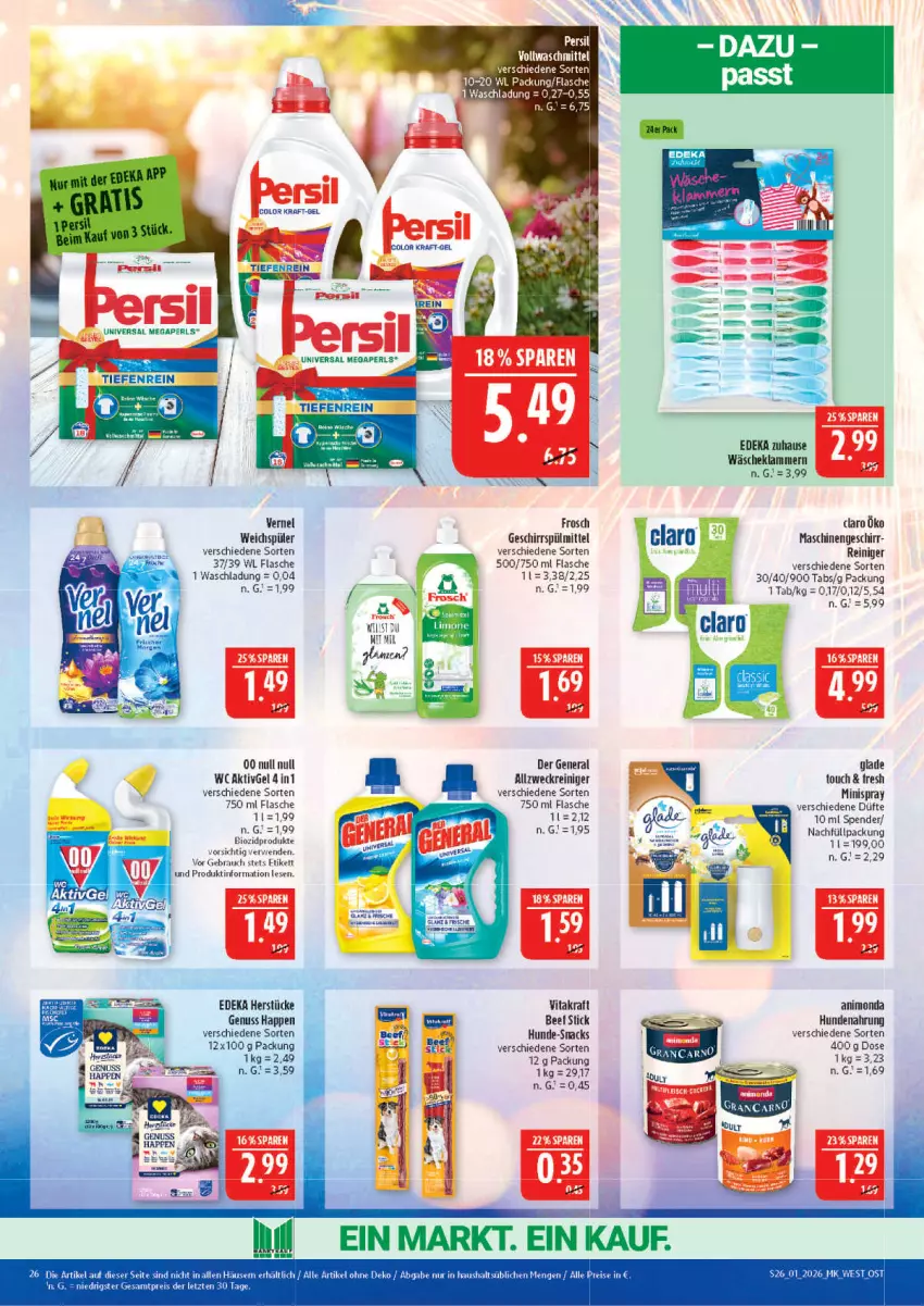 Aktueller Prospekt Marktkauf - Prospekt - von 28.12.2025 bis 03.01.2026 - strona 26 - produkty: allzweckreiniger, beef, bio, biozidprodukte, deka, eis, flasche, Frosch, geschirr, geschirrspülmittel, Glade, hundenahrung, Klammern, kraft, lamm, limo, megaperls, nuss, Rauch, reiniger, reis, rwe, snack, snacks, spülmittel, Ti, universal megaperls, vernel, vita, vitakraft, vollwaschmittel, waschmittel, weck, weichspüler, ZTE