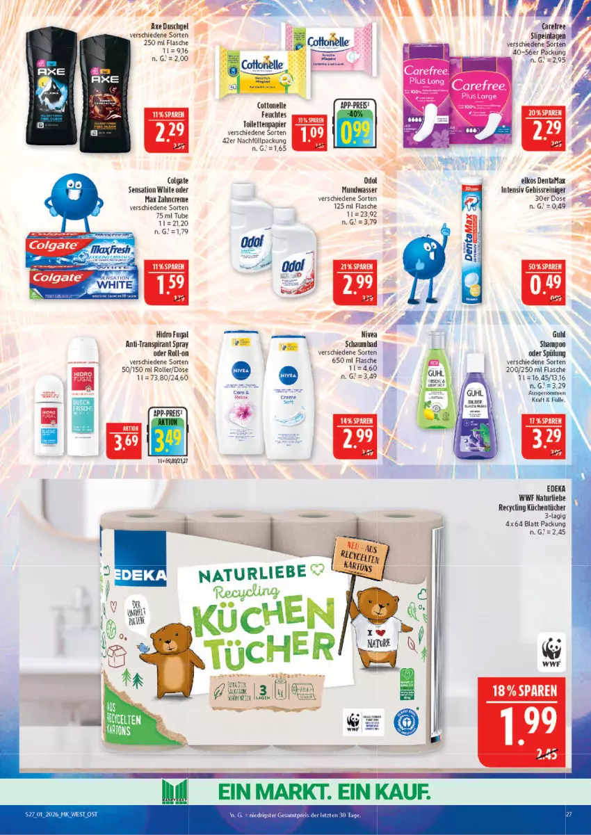 Aktueller Prospekt Marktkauf - Prospekt - von 28.12.2025 bis 03.01.2026 - strona 27 - produkty: axe, axe duschgel, Bad, carefree, Clin, colgate, cottonelle, creme, deka, duschgel, eis, elle, flasche, Guhl, kraft, küche, Küchen, küchentücher, LG, mundwasser, natur, Odol, papier, reiniger, reis, roll-on, Roller, schaumbad, shampoo, slip, slipeinlagen, spülung, Ti, toilettenpapier, tücher, wasser, zahncreme