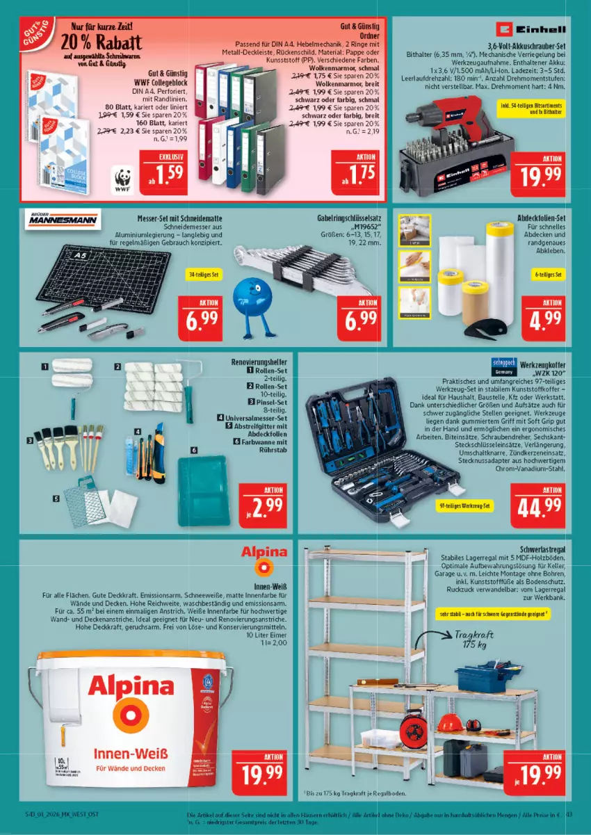 Aktueller Prospekt Marktkauf - Prospekt - von 28.12.2025 bis 03.01.2026 - strona 43 - produkty: adapter, akku, akkuschrauber, alpina, aust, Bank, Bau, Brei, collegeblock, decke, din a4, eimer, eis, elle, gabel, Holz, innenfarbe, kerze, koffer, kraft, LG, Liege, messer, ndk, nuss, Pinsel, Rauch, regal, reis, Ria, riegel, ring, Ringschlüsselsatz, Schal, schrauben, Schraubendreher, schwerlastregal, Ti, tisch, Wanne, werkzeug, werkzeuge, ZTE