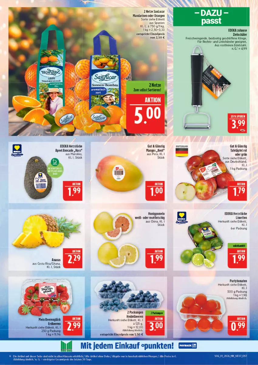 Aktueller Prospekt Marktkauf - Prospekt - von 28.12.2025 bis 03.01.2026 - strona 6 - produkty: ananas, avocado, deka, edelstahl, eis, fleisch, honig, Honigpomelo, limette, limetten, mandarine, mandarinen, mango, mangos, Mett, metten, orange, orangen, Pomelo, reis, tafeläpfel, Ti, tomate, tomaten, ZTE