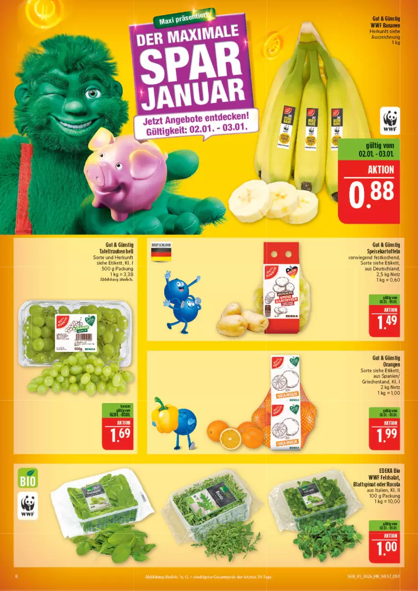 Aktueller Prospekt Marktkauf - Prospekt - von 28.12.2025 bis 03.01.2026 - strona 8 - produkty: banane, bananen, bio, cola, deka, edeka bio, eis, feldsalat, kartoffel, kartoffeln, orange, orangen, rucola, salat, speisekartoffeln, spinat, tafeltrauben, Ti, trauben