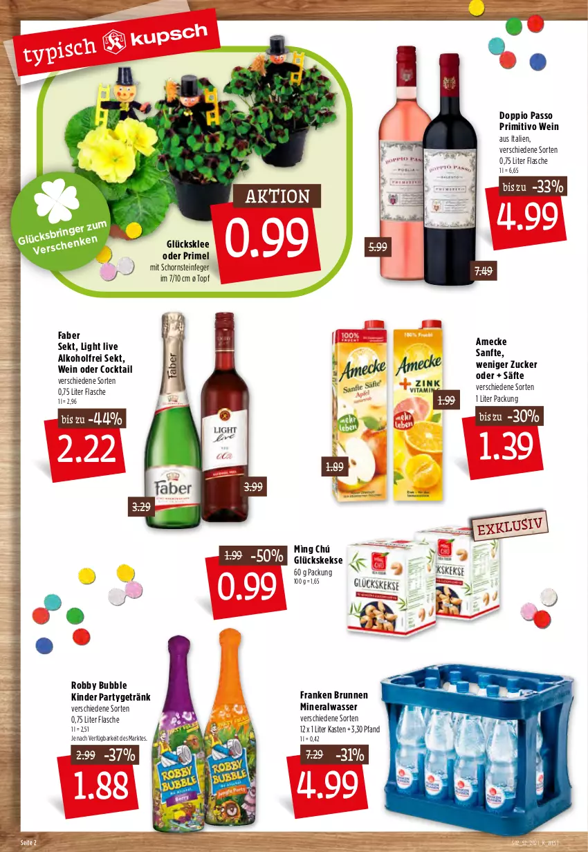 Aktueller Prospekt Kupsch - Angebote der Woche - von 27.12 bis 31.12.2021 - strona 4 - produkty: alkohol, Alwa, amecke, brunnen, cocktail, doppio passo, flasche, franken brunnen, getränk, glücksklee, keks, kekse, Kinder, mineralwasser, passo, primitivo, ring, robby, säfte, Schornsteinfeger, sekt, Ti, topf, wasser, wein, zucker