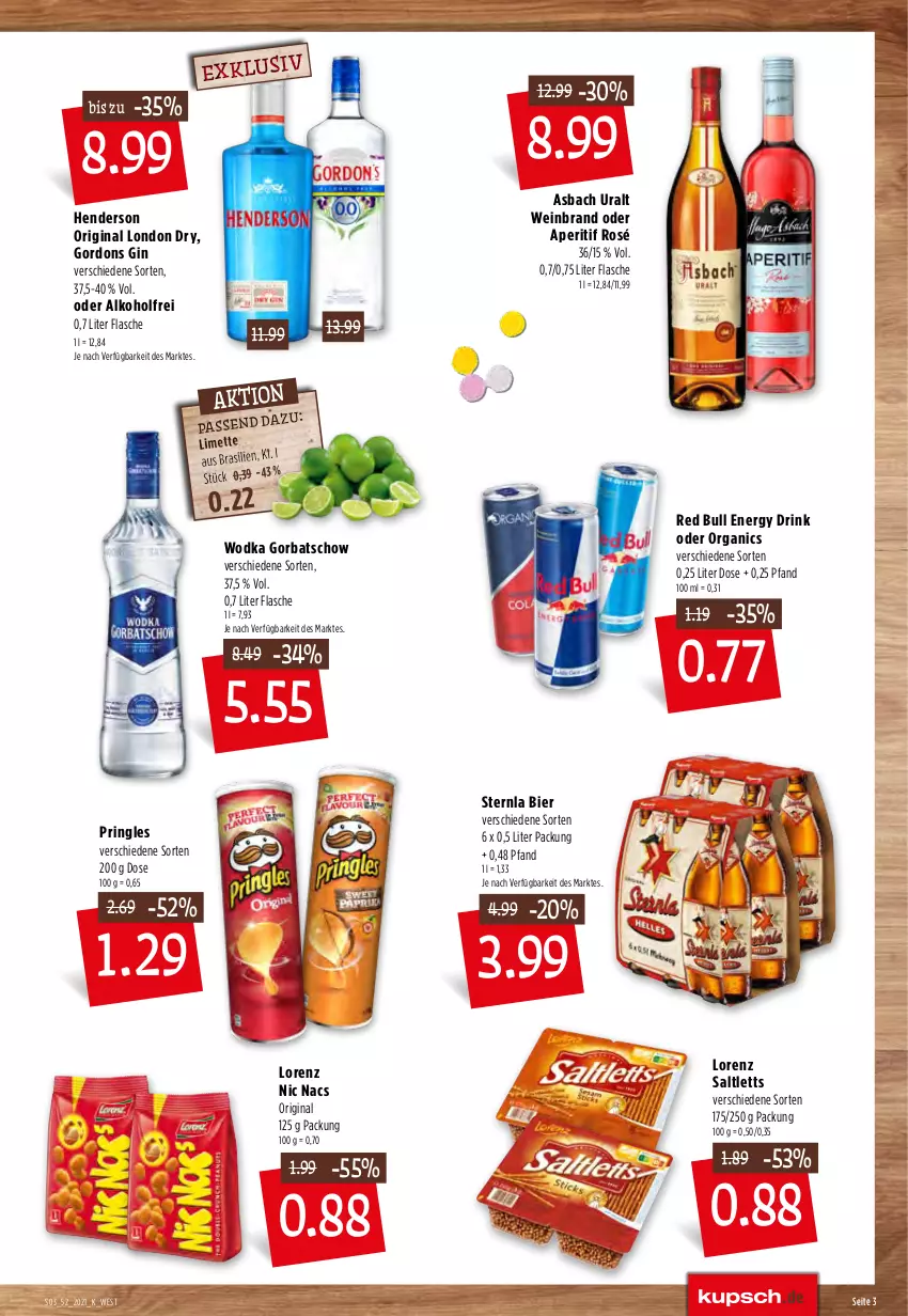 Aktueller Prospekt Kupsch - Angebote der Woche - von 27.12 bis 31.12.2021 - strona 5 - produkty: alkohol, aperitif, asbach uralt, bier, drink, enders, energy drink, flasche, gin, Gorbatschow, gordon, gordons, london dry, lorenz, pringles, red bull, ring, saltletts, Ti, wein, weinbrand, wodka