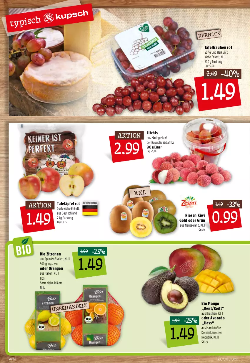 Aktueller Prospekt Kupsch - Angebote der Woche - von 27.12 bis 31.12.2021 - strona 6 - produkty: avocado, bio, eimer, Elan, kiwi, Kiwi Gold, mango, orange, orangen, tafeläpfel, tafeltrauben, Ti, trauben, zitrone, zitronen