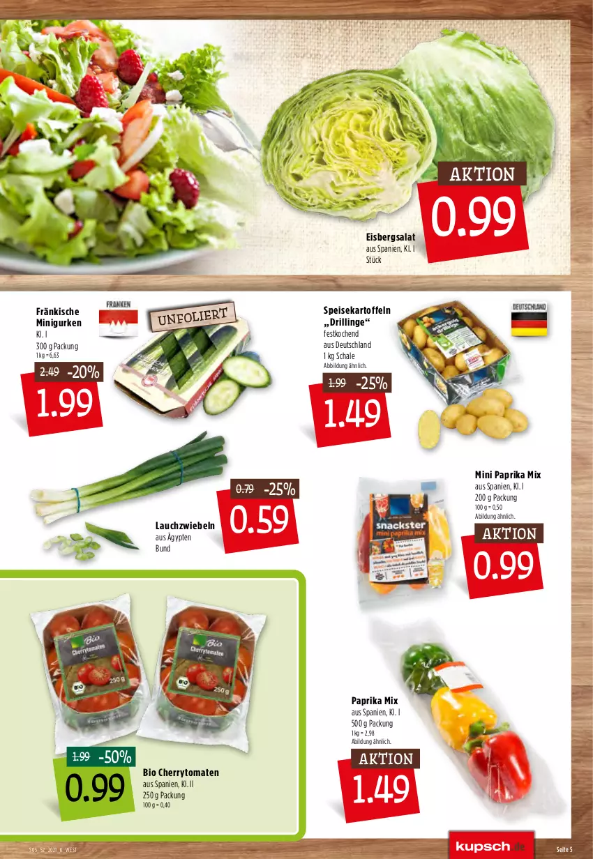 Aktueller Prospekt Kupsch - Angebote der Woche - von 27.12 bis 31.12.2021 - strona 7 - produkty: bio, cherrytomaten, eis, eisbergsalat, gurke, gurken, kartoffel, kartoffeln, Lauchzwiebel, lauchzwiebeln, paprika, paprika mix, salat, Schal, Schale, speisekartoffeln, Ti, tomate, tomaten, zwiebel, zwiebeln