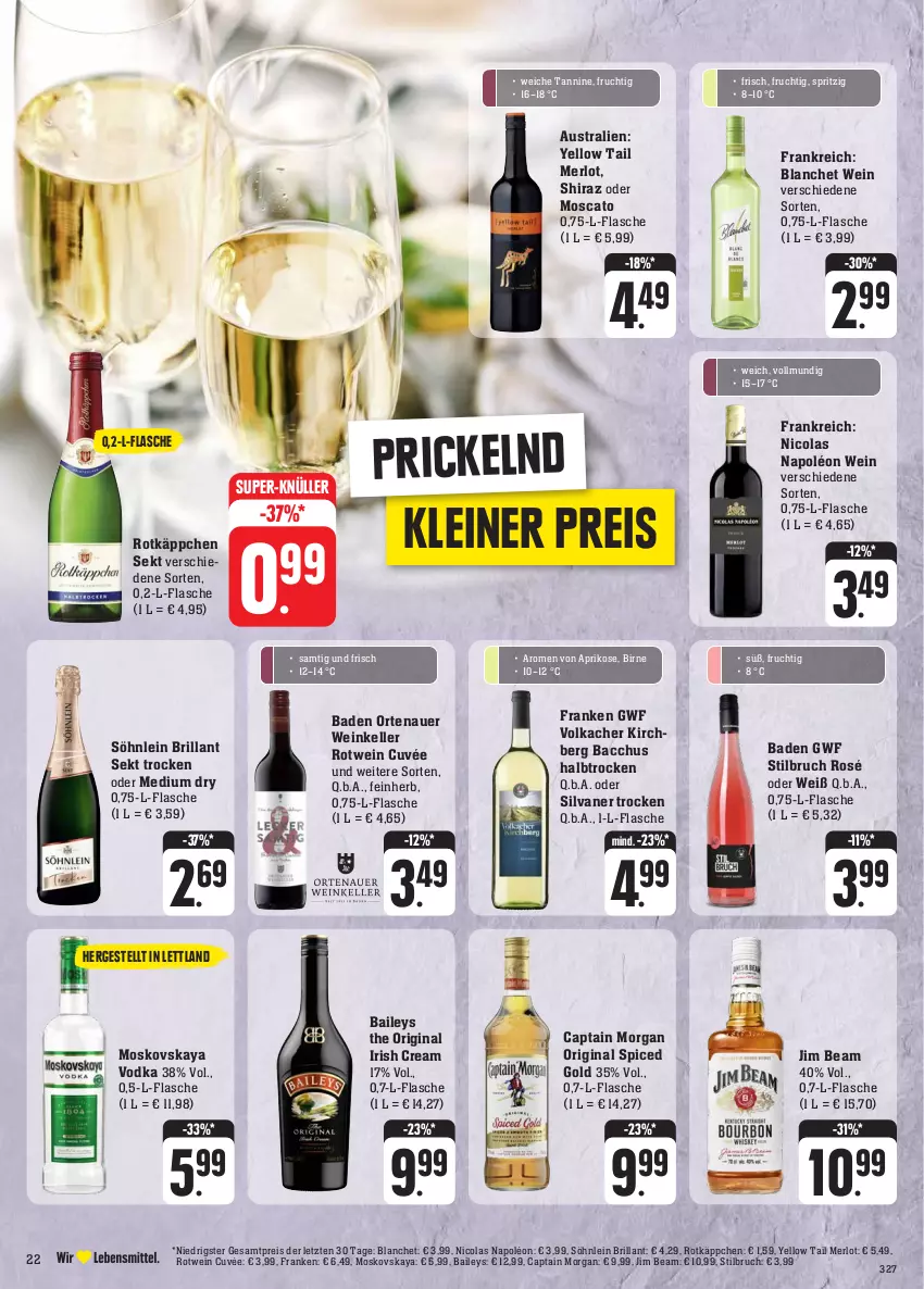 Aktueller Prospekt Edeka - Angebote der Woche - von 25.09 bis 30.09.2023 - strona 27 - produkty: ACC, aprikose, auer, aust, Bad, baileys, brillant sekt, Cap, captain morgan, cola, cuvée, eis, elle, flasche, frucht, gin, irish cream, jim beam, leine, merl, merlot, moskovskaya, original spiced gold, ortenauer, reis, rotkäppchen, rotwein, sekt, silvaner, söhnlein, söhnlein brillant, super-knüller, Ti, vodka, wein, yellow tail, ZTE