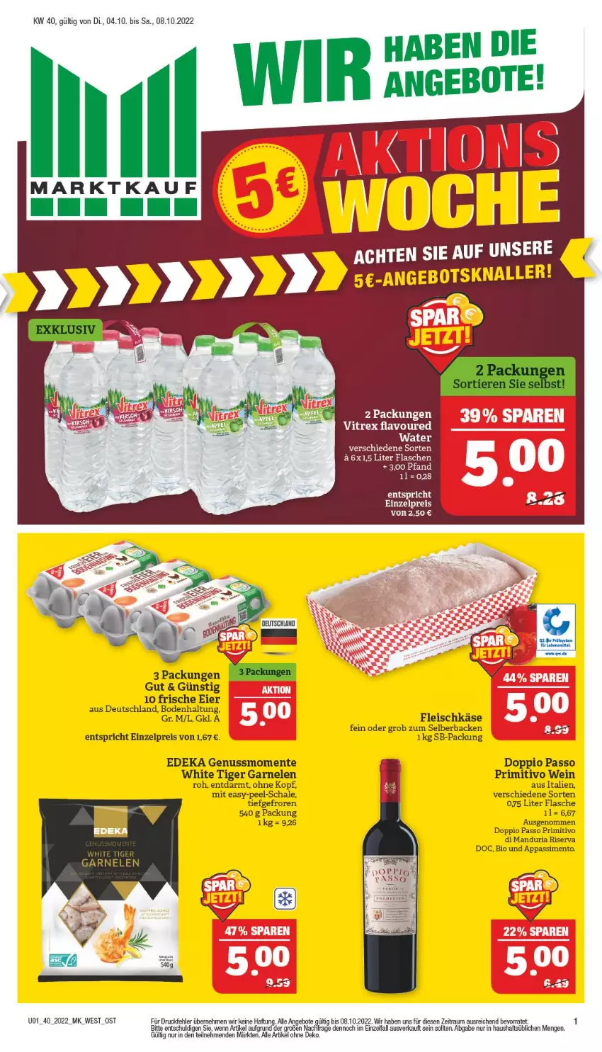 Aktueller Prospekt Marktkauf - Prospekt - von 02.10 bis 08.10.2022 - strona 1 - produkty: angebot, angebote, bio, deka, doppio passo, eier, eis, ente, flasche, fleisch, fleischkäse, garnelen, Käse, nuss, passo, primitivo, reis, Ria, riserva, Schal, Schale, sim, Ti, wein