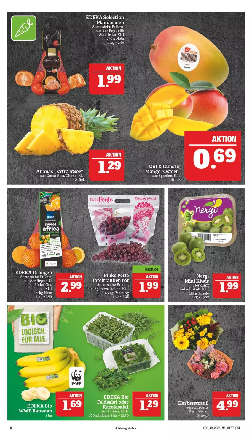 Aktueller Prospekt Marktkauf - Prospekt - von 02.10 bis 08.10.2022 - strona 10 - produkty: ananas, banane, bananen, bio, cola, deka, edeka bio, feldsalat, kiwi, mandarine, mandarinen, mango, Ria, rucola, salat, Schal, Schale, tafeltrauben, tee, Ti, trauben