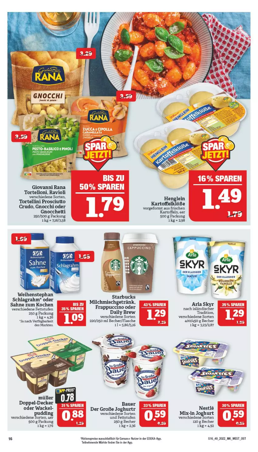 Aktueller Prospekt Marktkauf - Prospekt - von 02.10 bis 08.10.2022 - strona 20 - produkty: aktionspreis, arla, arla skyr, auer, basilikum, Bau, Bauer, Becher, bett, decke, deka, eis, flasche, giovanni rana, gnocchi, joghur, joghurt, kartoffel, Kartoffelklöße, kartoffeln, milch, Müller, nuss, pesto, pinienkerne, prosciutto, Rana, ravioli, reis, sahne, schlagrahm, Skyr, Ti, torte, tortellini, tortelloni, vanille