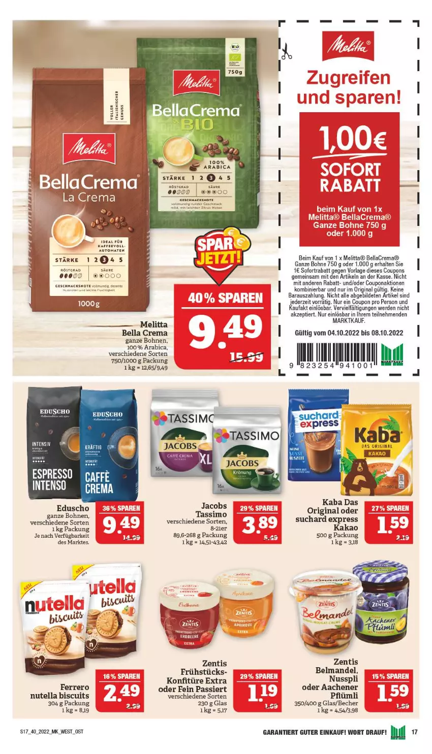 Aktueller Prospekt Marktkauf - Prospekt - von 02.10 bis 08.10.2022 - strona 21 - produkty: auto, Becher, bella crema, bellacrema, Belmandel, bohne, bohnen, coupon, coupons, eduscho, erde, ferrero, gin, jacobs, kakao, konfitüre, konfitüre extra, mac, mandel, melitta, nuss, nusspli, nutella, sofortrabatt, Ti, tomate, tomaten, zentis