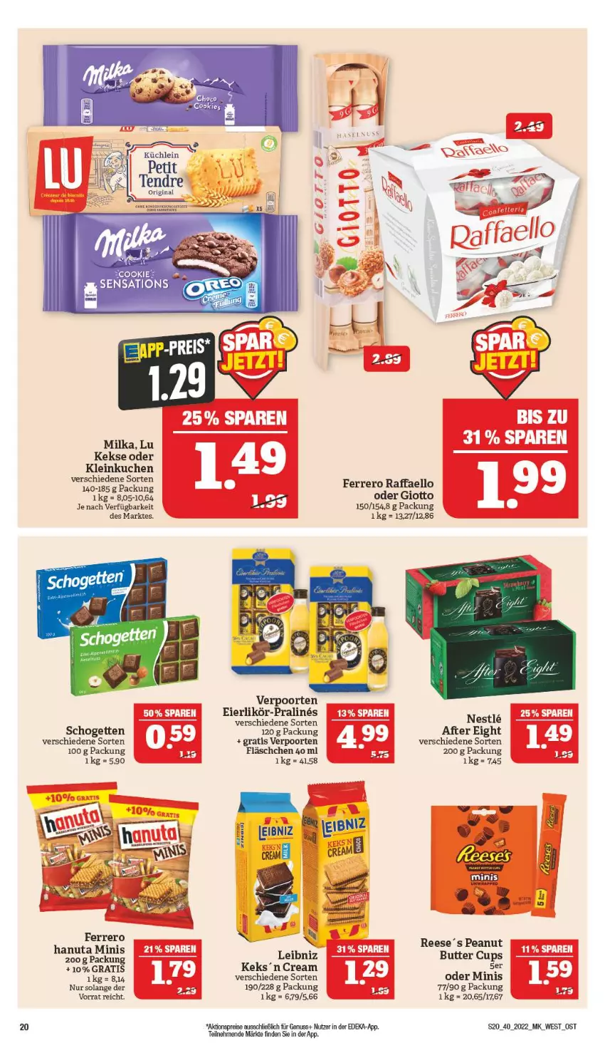 Aktueller Prospekt Marktkauf - Prospekt - von 02.10 bis 08.10.2022 - strona 24 - produkty: after eight, aktionspreis, butter, cookie, deka, eis, ferrero, giotto, hanuta, keks, kekse, kuchen, leibniz, milka, nuss, raffaello, reis, schogetten, Ti, verpoorten