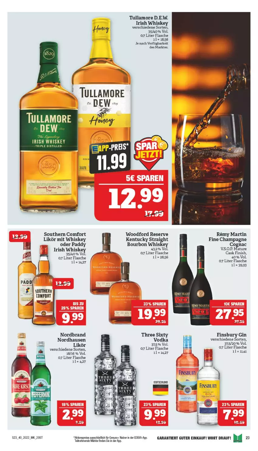 Aktueller Prospekt Marktkauf - Prospekt - von 02.10 bis 08.10.2022 - strona 27 - produkty: aktionspreis, bourbon, bourbon whiskey, champagne, Cognac, deka, eis, Finish, finsbury, flasche, gin, irish whiskey, kentucky straight, likör, nordbrand, nuss, reis, Remy Martin, Southern Comfort, Three Sixty, Ti, tuc, tullamore, vodka, whiskey