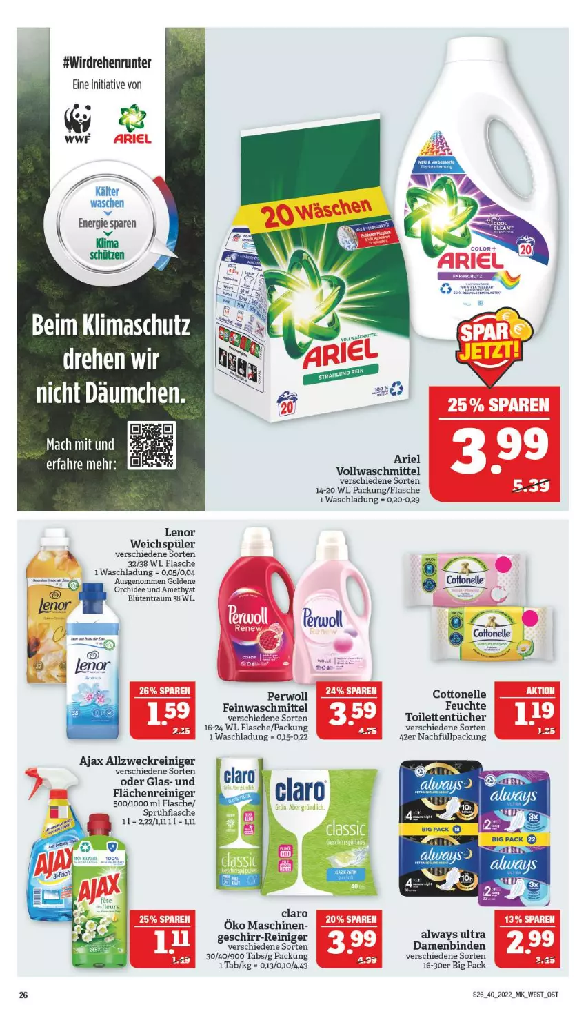 Aktueller Prospekt Marktkauf - Prospekt - von 02.10 bis 08.10.2022 - strona 30 - produkty: ajax, allzweckreiniger, Alwa, Always, ariel, binden, Blüte, cottonelle, Damenbinden, elle, feinwaschmittel, flasche, geschirr, lenor, lenor weichspüler, mac, orchidee, reiniger, sprühflasche, Ti, toilettentücher, tücher, vollwaschmittel, waschmittel, weck, weichspüler