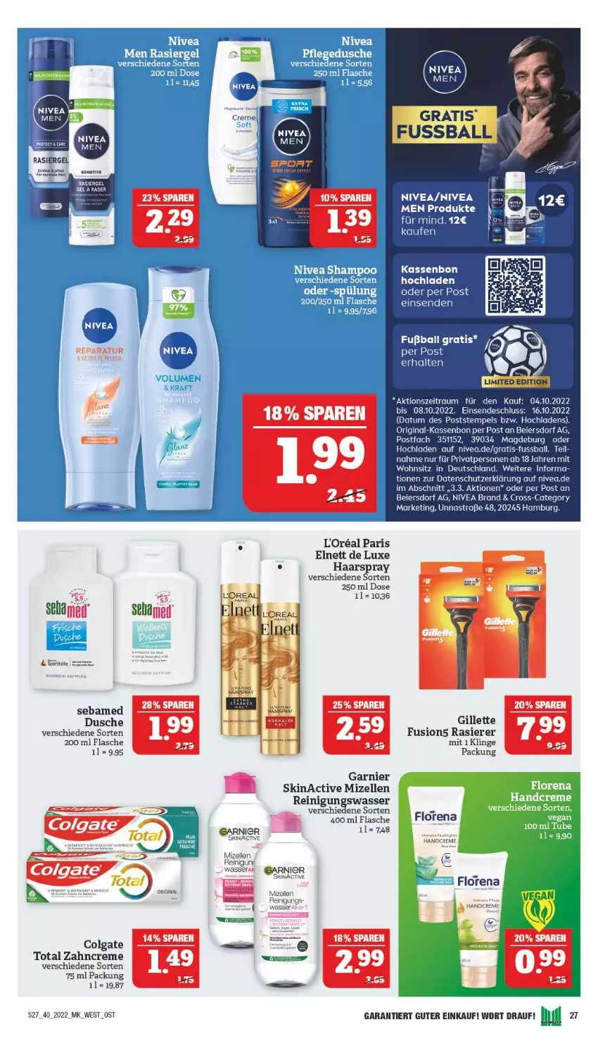 Aktueller Prospekt Marktkauf - Prospekt - von 02.10 bis 08.10.2022 - strona 31 - produkty: Astra, ball, colgate, creme, dusche, eier, elle, elnett, flasche, fusion5, Fußball, garnier, gillette, gin, gsw, haarspray, hama, handcreme, LG, mizellen, nivea, Nivea Men, rasierer, rasiergel, Reinigung, Ti, wasser, zahncreme